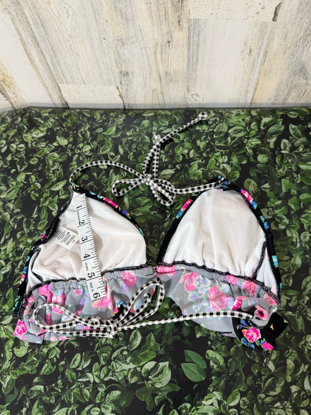 String Floral Ruffle Halter Bikini Top - Black with Pink Flowers - Picture 2 of 9